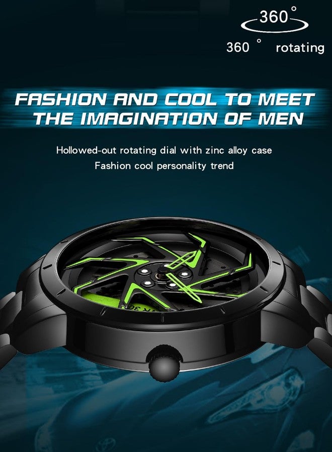 Gosasa Men Racing Watches Rotatable Car Rim Wheel hub Design Sports Watches Stainless Steel Waterproof Watch (Black Green) - Image 4